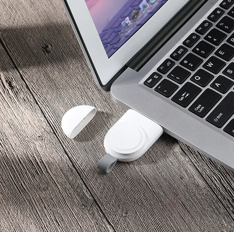 Portable white Apple Watch wireless charging dock with USB cable