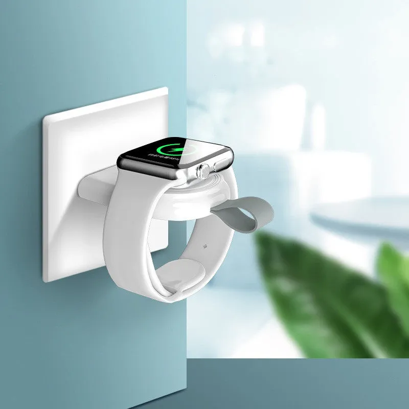 Portable white Apple Watch wireless charging dock with USB cable