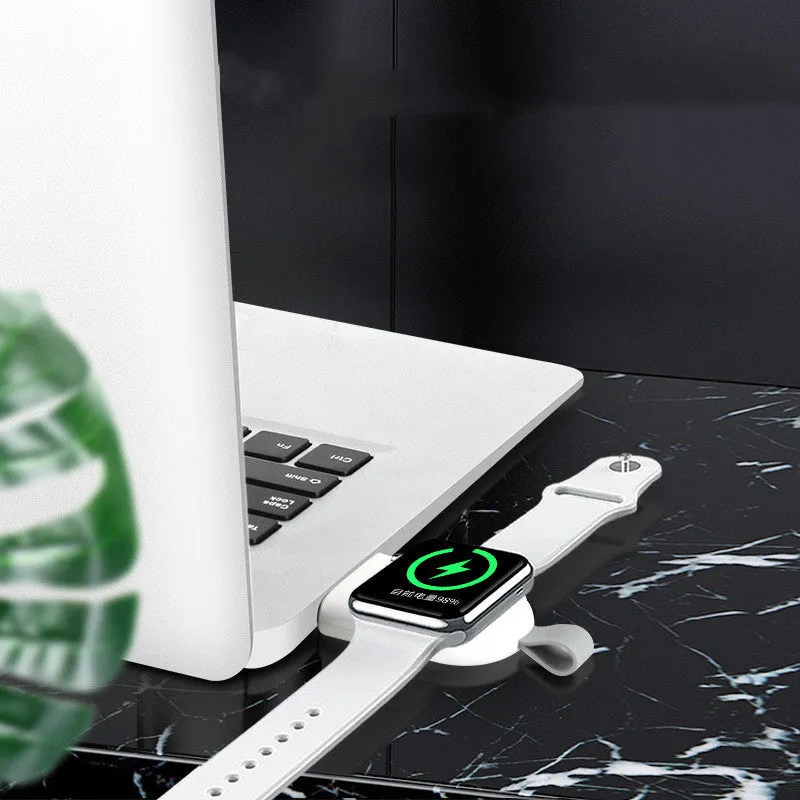 Portable white Apple Watch wireless charging dock with USB cable