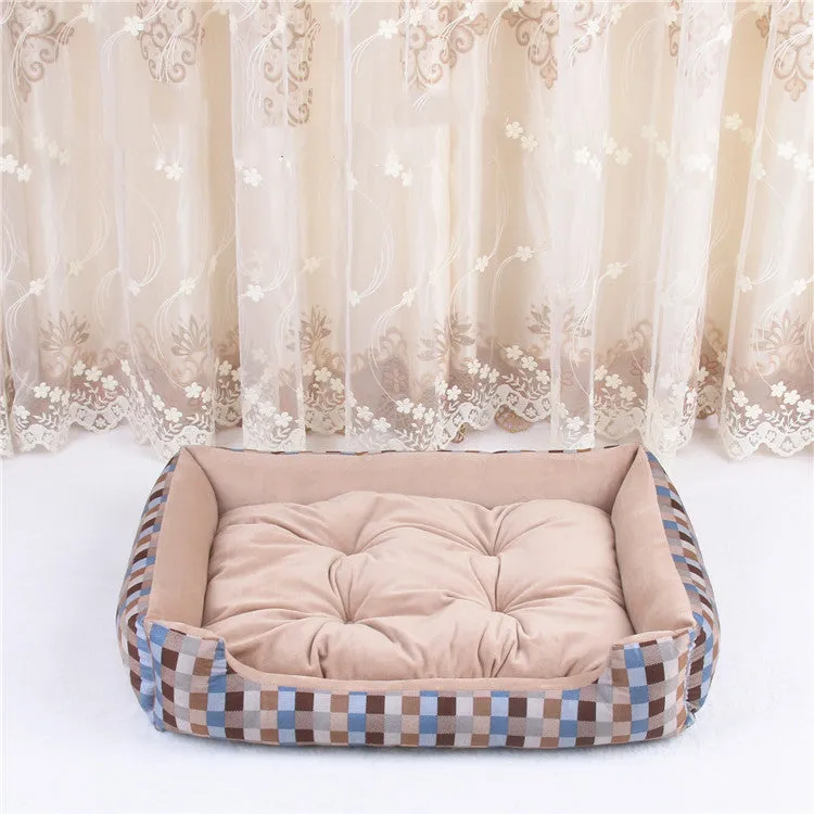 Round cloth pet bed for dogs and cats in a stripe pattern, showing size options from 45cm to 90cm.