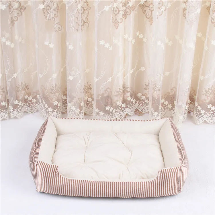 Round cloth pet bed for dogs and cats in a stripe pattern, showing size options from 45cm to 90cm.