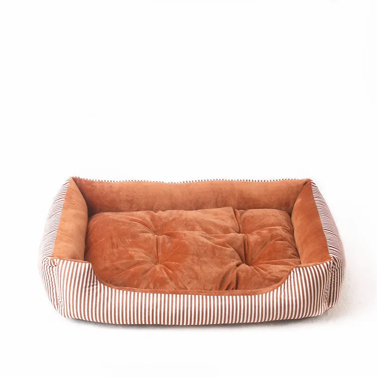 Round cloth pet bed for dogs and cats in a stripe pattern, showing size options from 45cm to 90cm.