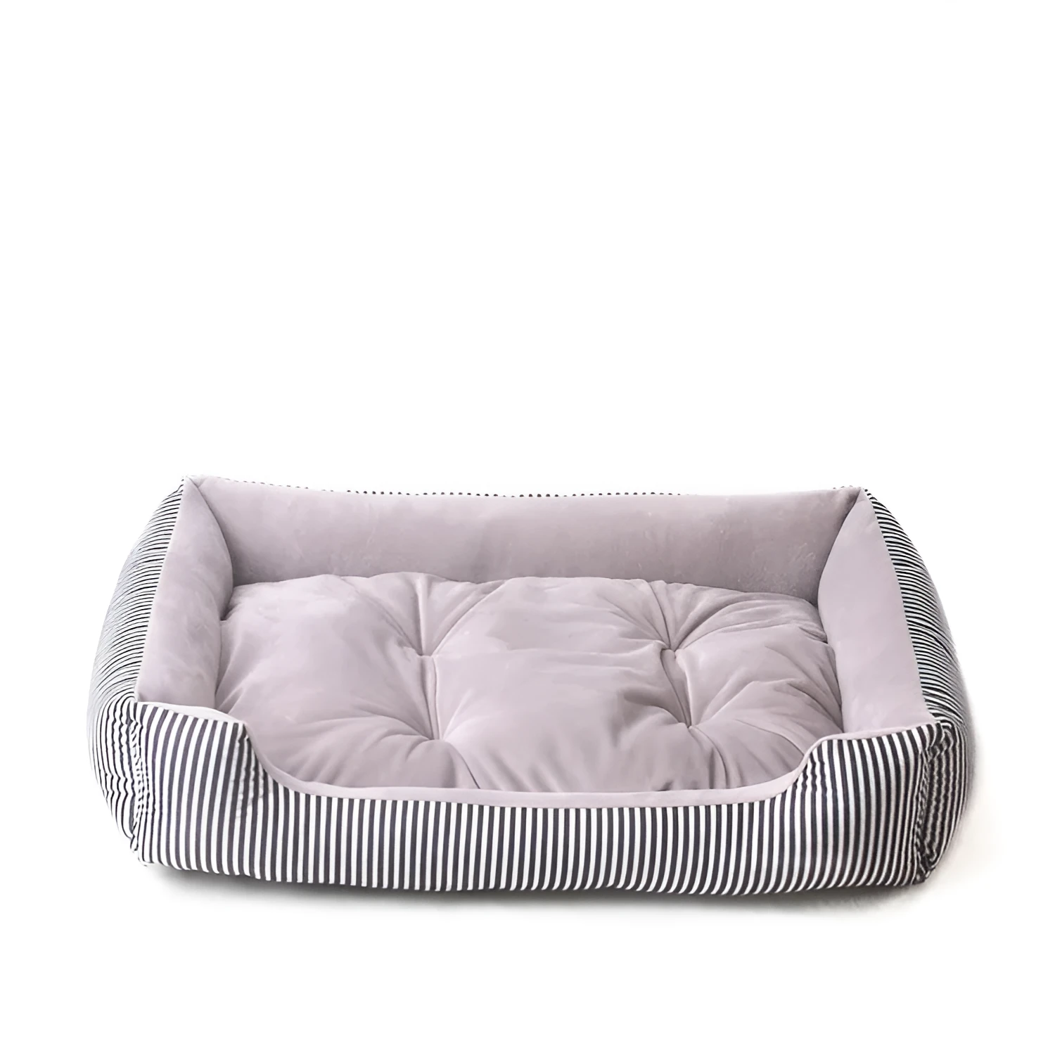 Round cloth pet bed for dogs and cats in a stripe pattern, showing size options from 45cm to 90cm.
