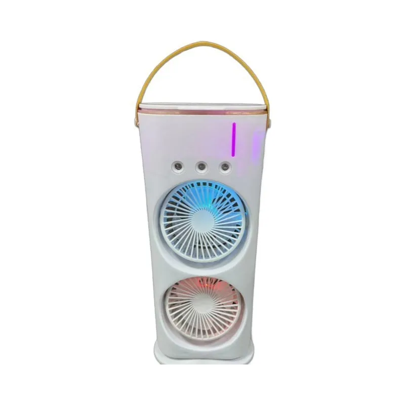 White double-ended portable USB fan with humidifying spray tank and remote control on a desk.