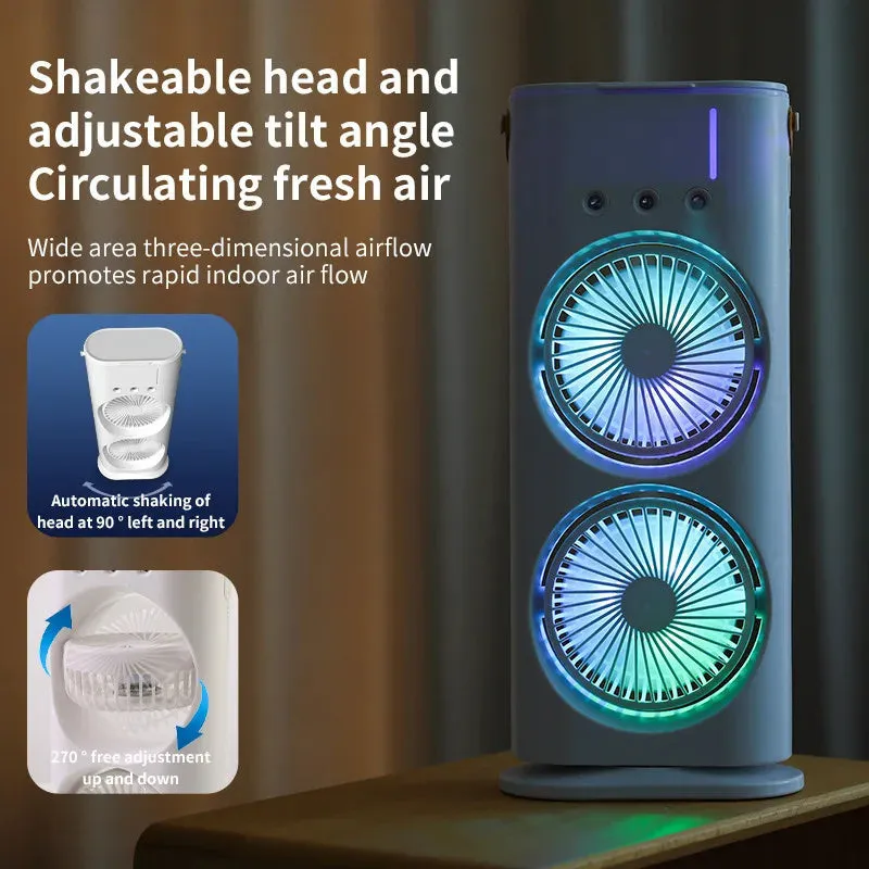 White double-ended portable USB fan with humidifying spray tank and remote control on a desk.