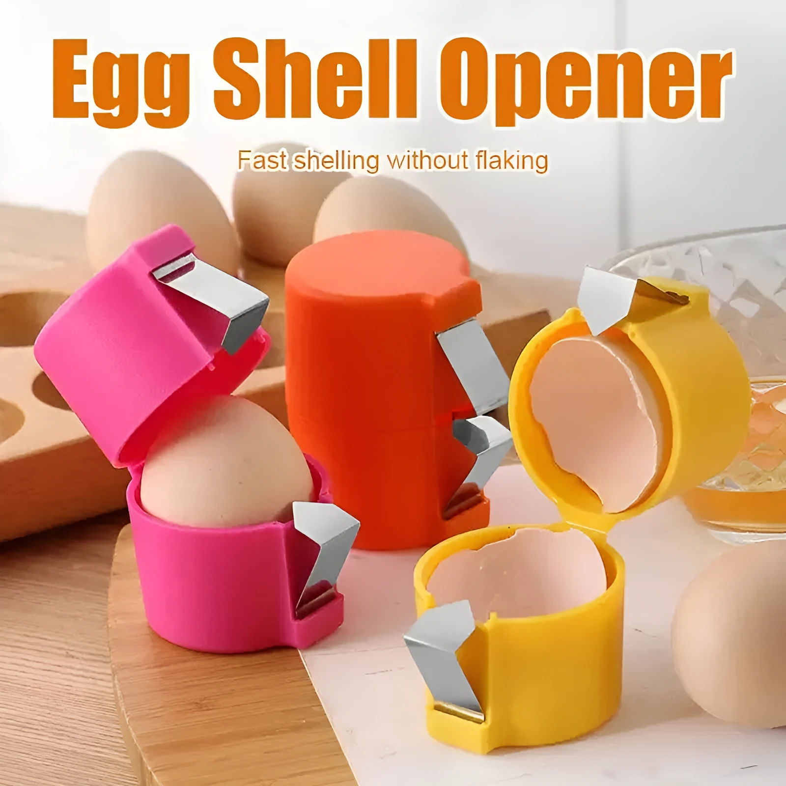 Egg shell opener and beater kitchen tool with stainless steel blades and coloured plastic handle