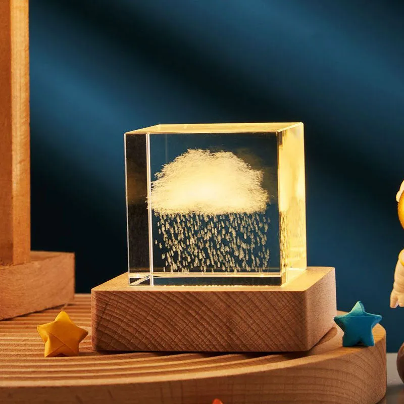 3D transparent crystal cube night lamp in 40mm or 60mm size on a desktop