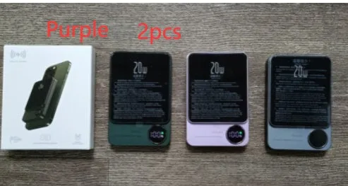 MagSafe magnetic wireless power bank for iPhone 14 in purple, showing slim profile and square aluminium alloy design.