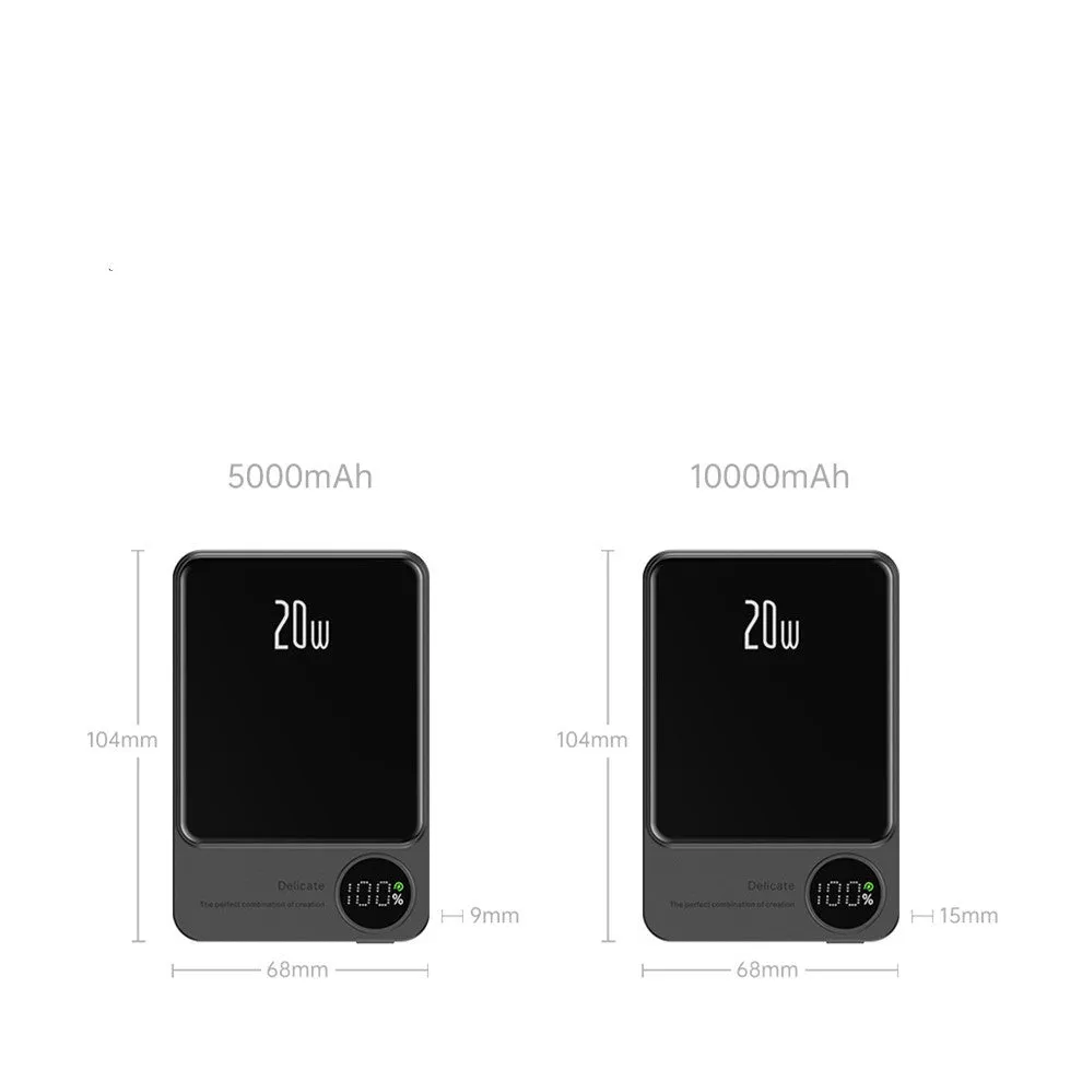 MagSafe magnetic wireless power bank for iPhone 14 in purple, showing slim profile and square aluminium alloy design.