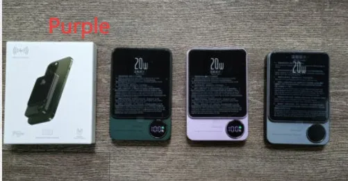 MagSafe magnetic wireless power bank for iPhone 14 in purple, showing slim profile and square aluminium alloy design.