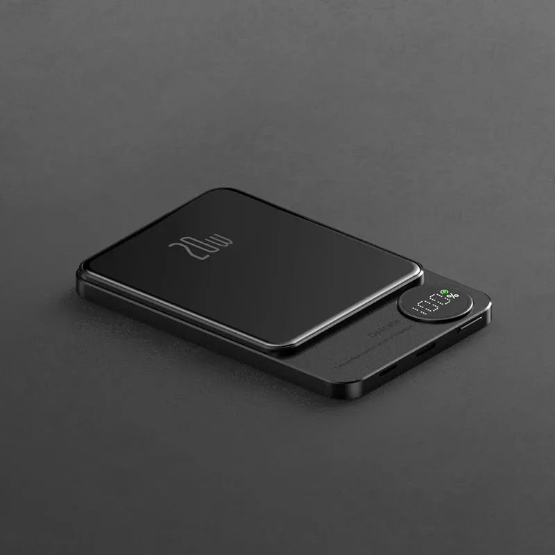 MagSafe magnetic wireless power bank for iPhone 14 in purple, showing slim profile and square aluminium alloy design.
