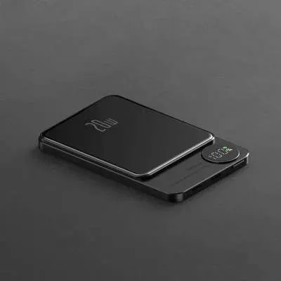 MagSafe magnetic wireless power bank for iPhone 14 in purple, showing slim profile and square aluminium alloy design.