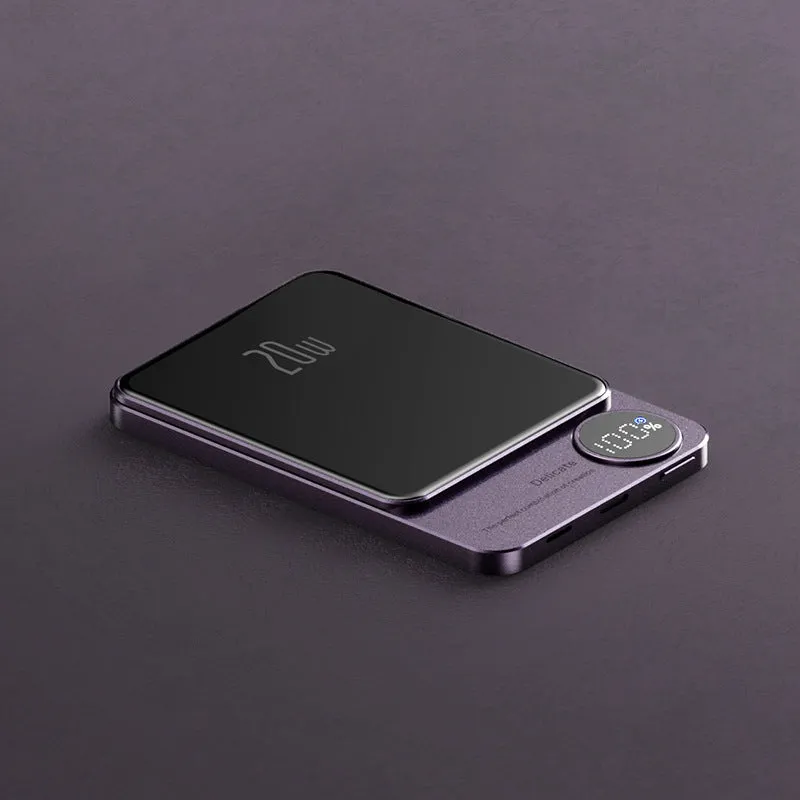 MagSafe magnetic wireless power bank for iPhone 14 in purple, showing slim profile and square aluminium alloy design.