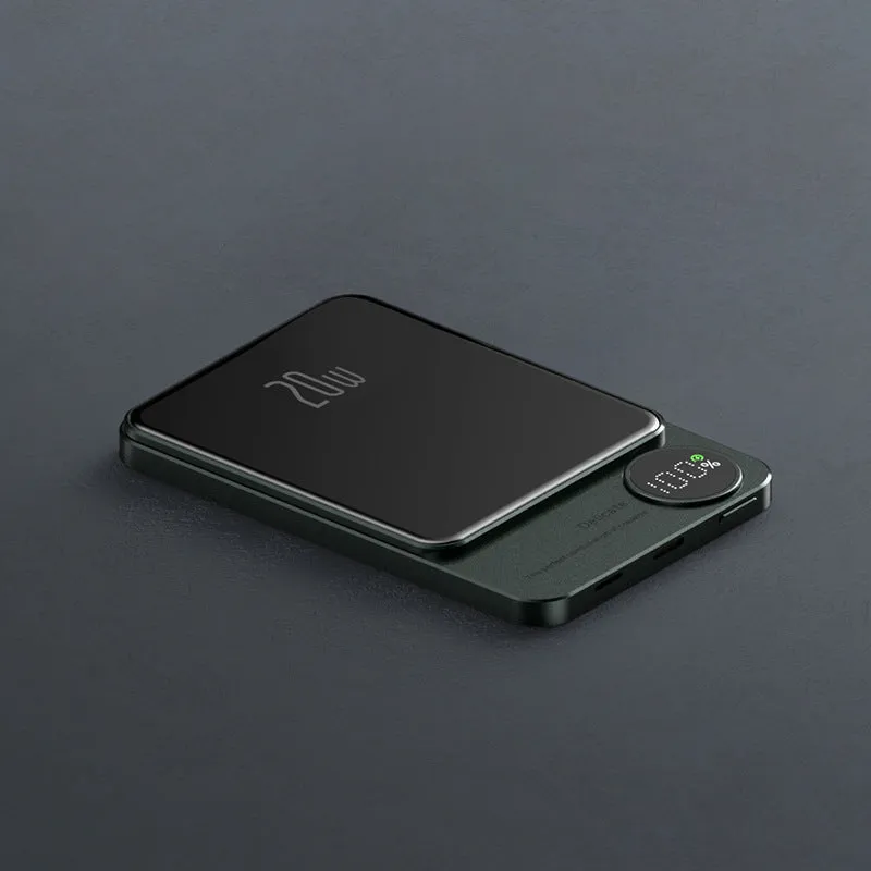 MagSafe magnetic wireless power bank for iPhone 14 in purple, showing slim profile and square aluminium alloy design.
