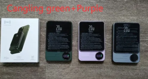 MagSafe magnetic wireless power bank for iPhone 14 in purple, showing slim profile and square aluminium alloy design.
