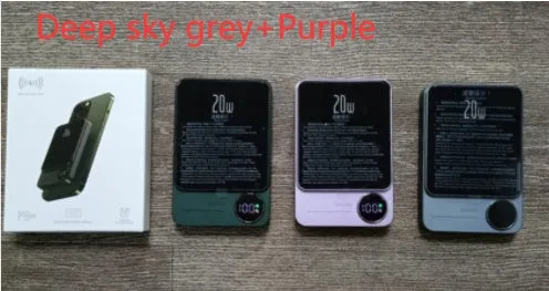 MagSafe magnetic wireless power bank for iPhone 14 in purple, showing slim profile and square aluminium alloy design.