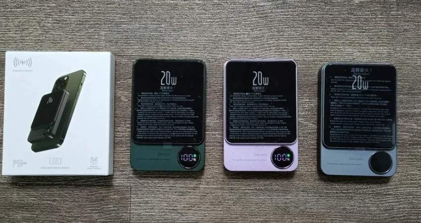 MagSafe magnetic wireless power bank for iPhone 14 in purple, showing slim profile and square aluminium alloy design.
