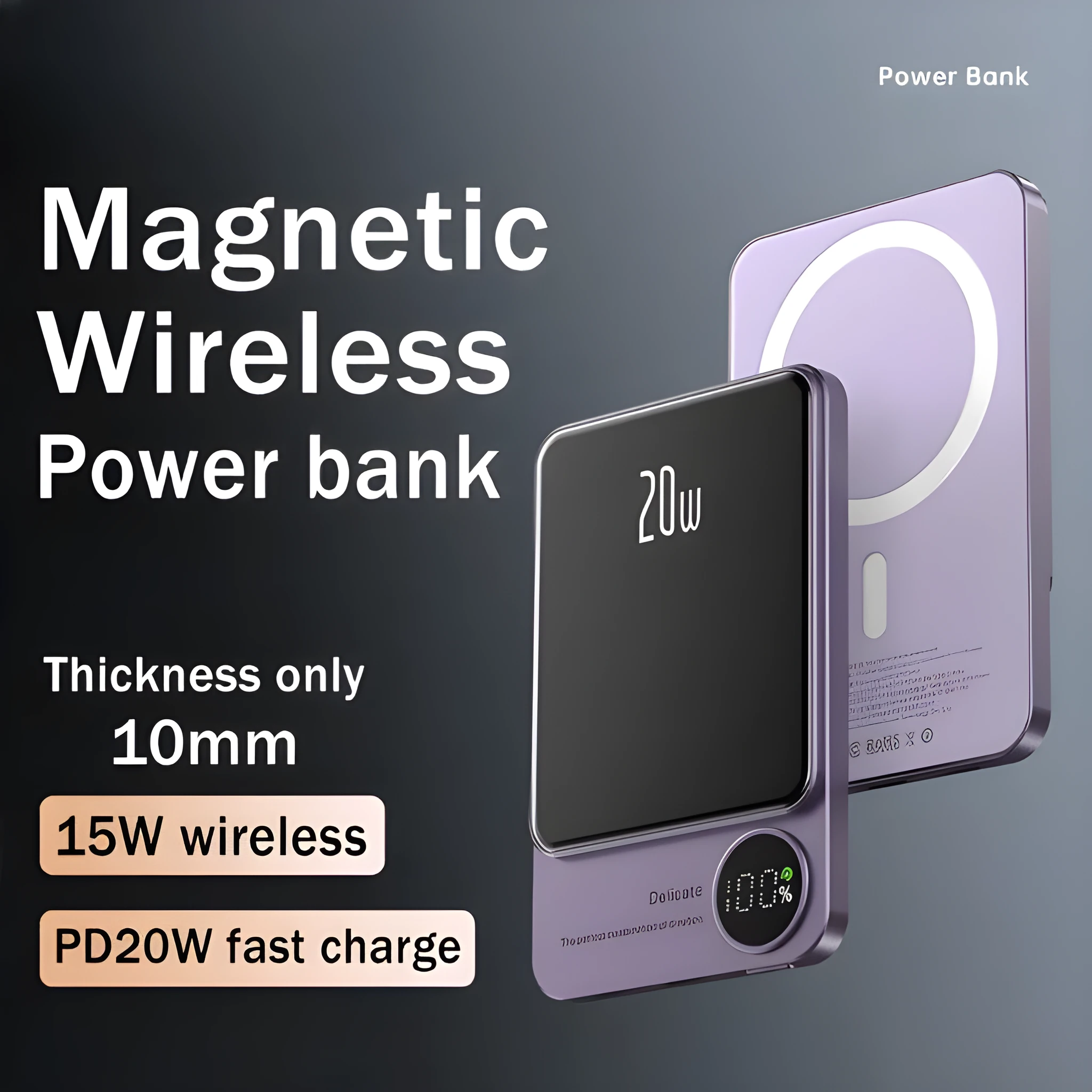 MagSafe magnetic wireless power bank for iPhone 14 in purple, showing slim profile and square aluminium alloy design.