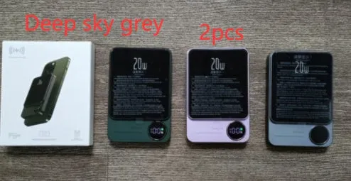 MagSafe magnetic wireless power bank for iPhone 14 in purple, showing slim profile and square aluminium alloy design.