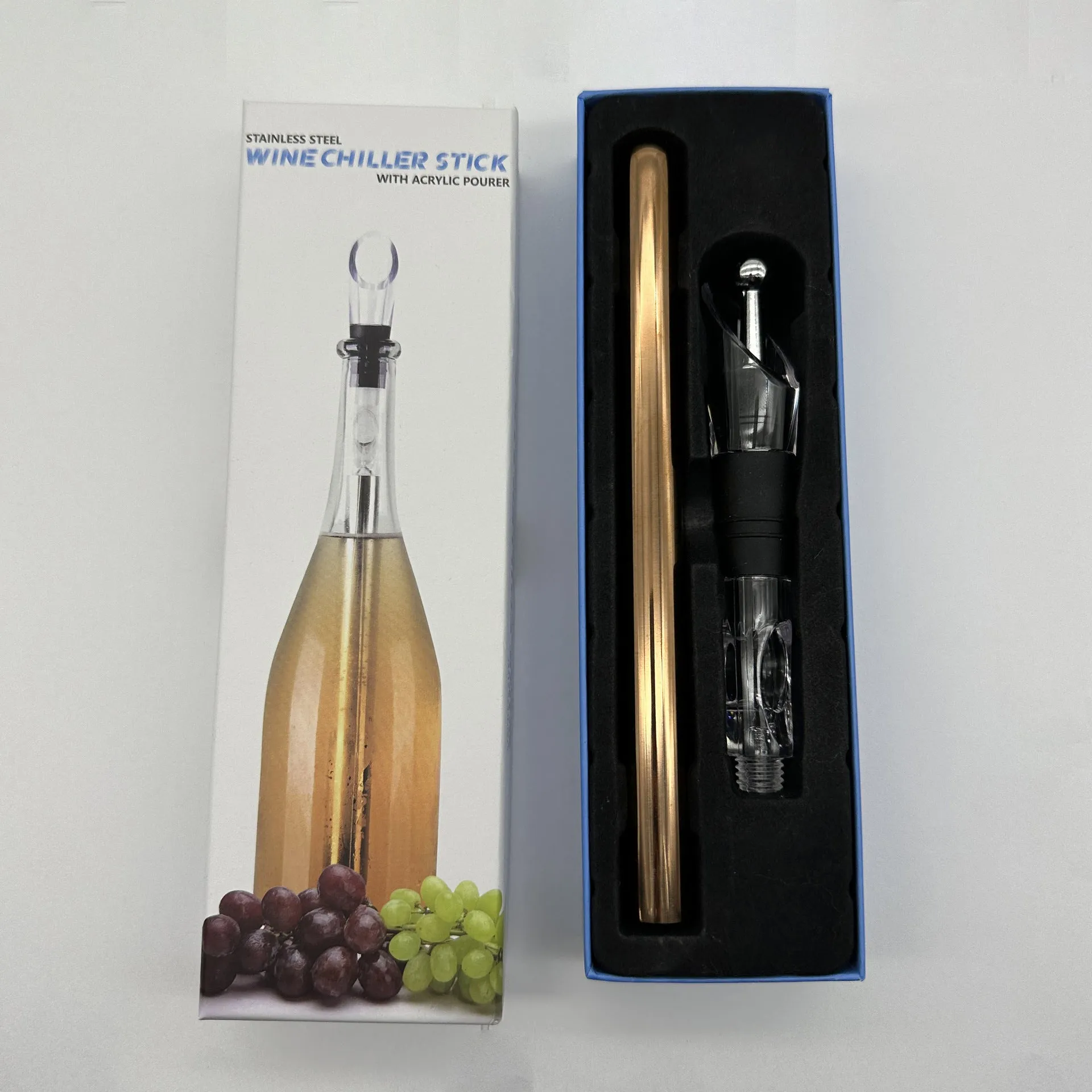 Stainless steel wine chilling rod with acrylic handle and integrated pourer, shown in silver finish.