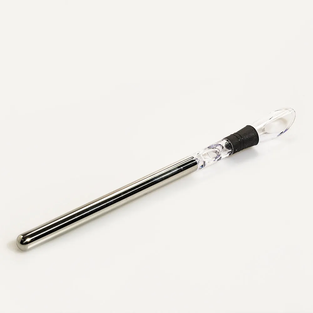 Stainless steel wine chilling rod with acrylic handle and integrated pourer, shown in silver finish.