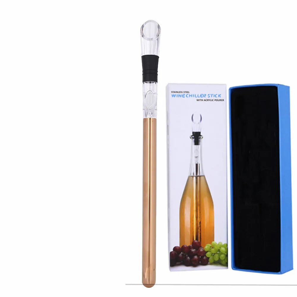 Stainless steel wine chilling rod with acrylic handle and integrated pourer, shown in silver finish.