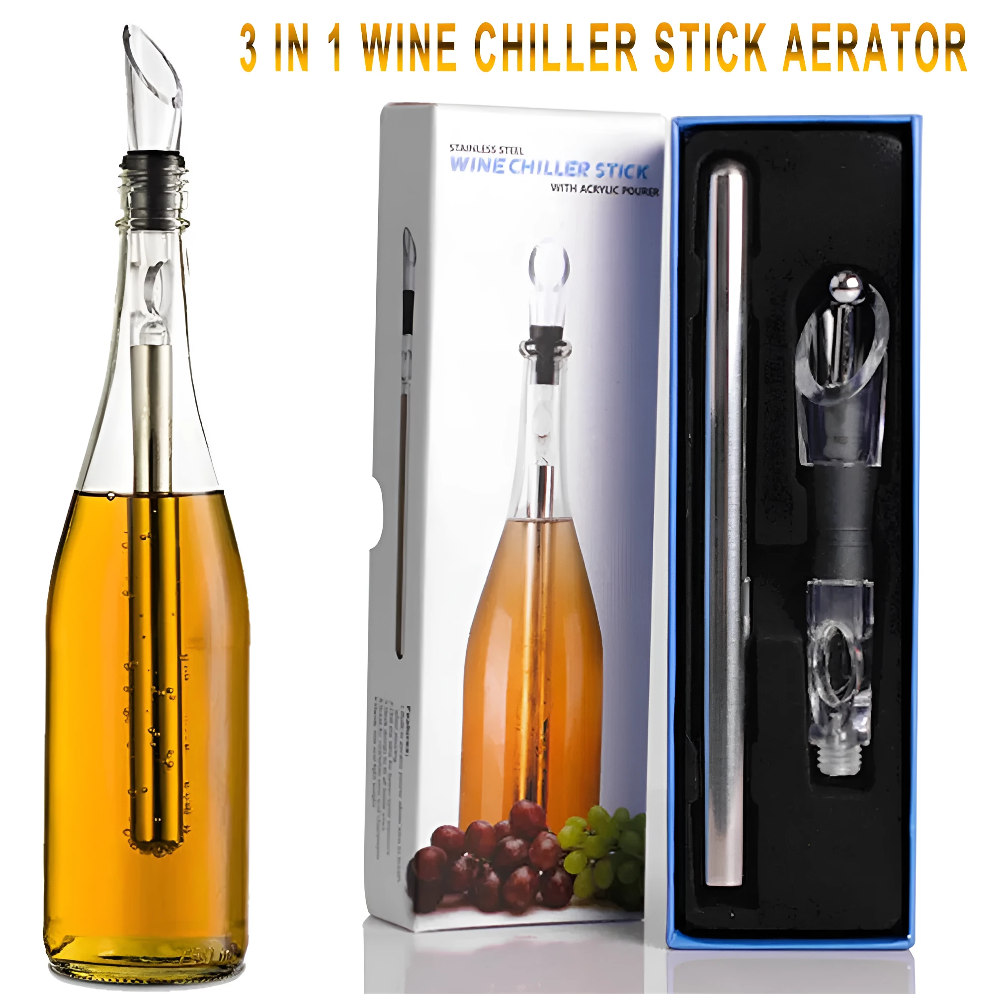 Stainless steel wine chilling rod with acrylic handle and integrated pourer, shown in silver finish.