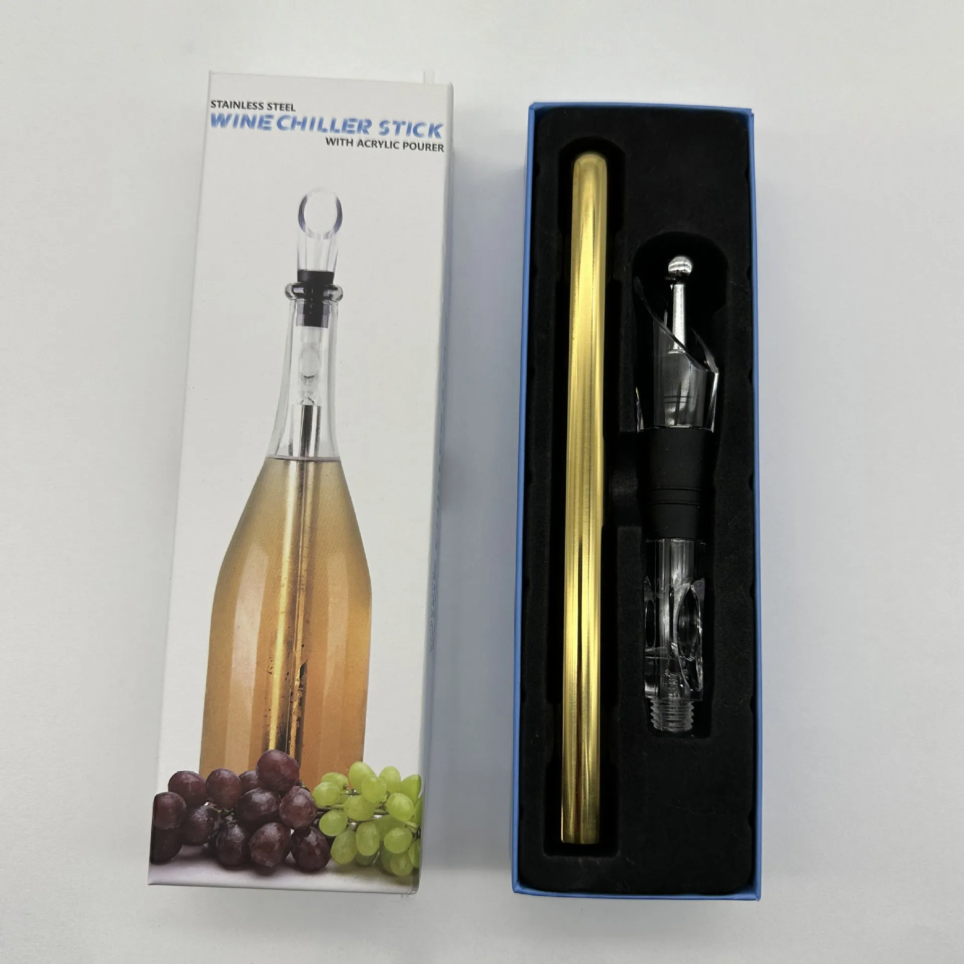 Stainless steel wine chilling rod with acrylic handle and integrated pourer, shown in silver finish.
