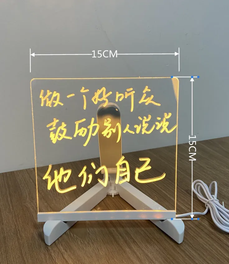 DIY transparent acrylic LED message board desk lamp with handwritten note and soft blue glow