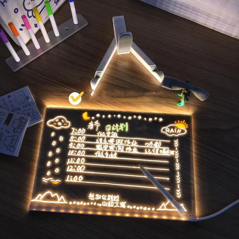 DIY transparent acrylic LED message board desk lamp with handwritten note and soft blue glow