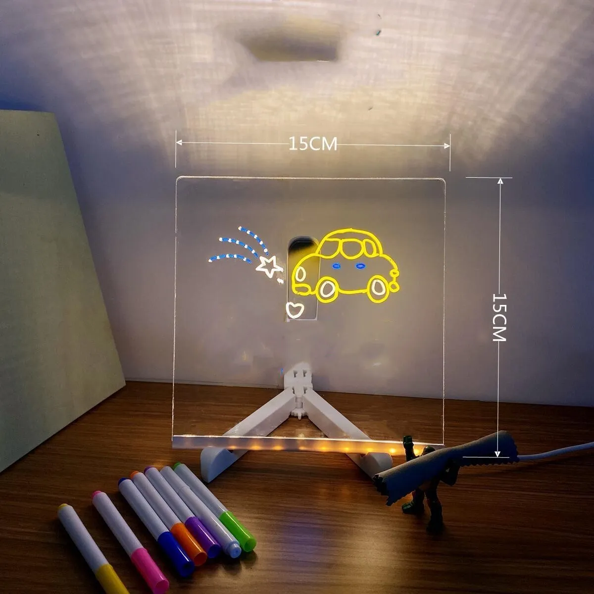 DIY transparent acrylic LED message board desk lamp with handwritten note and soft blue glow