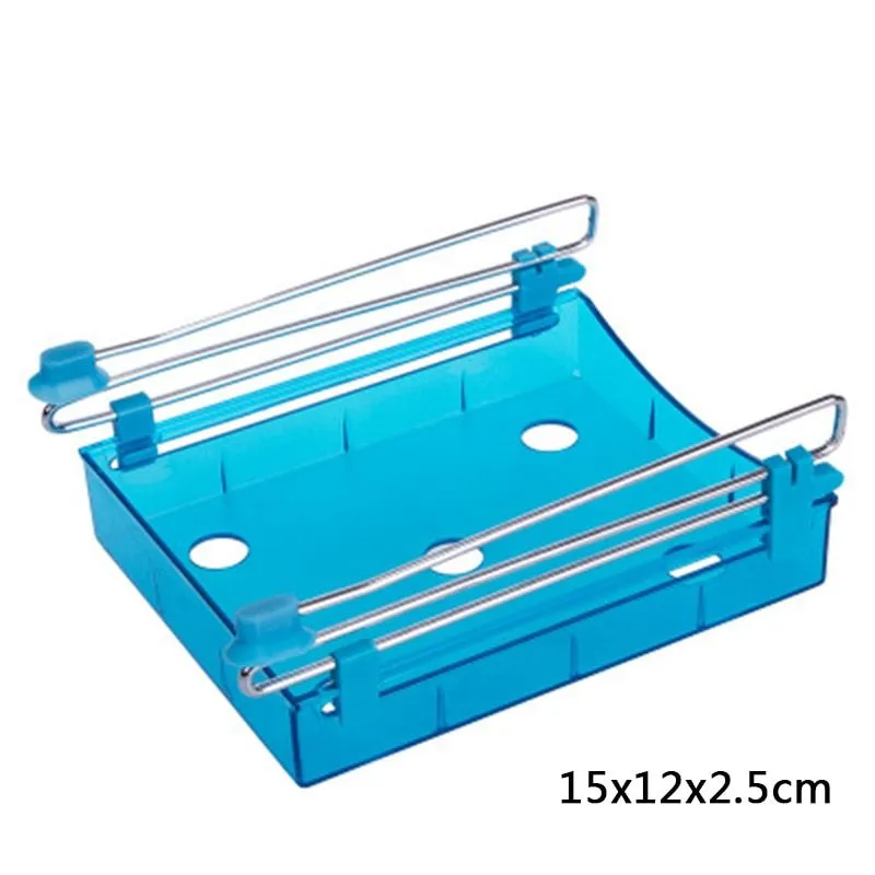 Hanging plastic refrigerator storage rack with drawer compartments and clapboard design for kitchen organisation