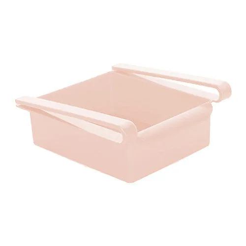 Hanging plastic refrigerator storage rack with drawer compartments and clapboard design for kitchen organisation