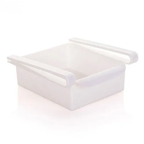 Hanging plastic refrigerator storage rack with drawer compartments and clapboard design for kitchen organisation