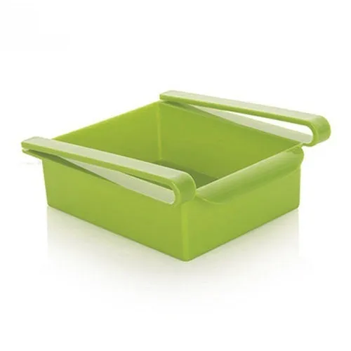 Hanging plastic refrigerator storage rack with drawer compartments and clapboard design for kitchen organisation