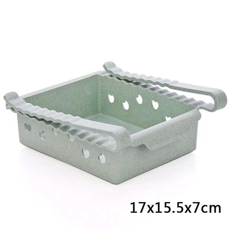 Hanging plastic refrigerator storage rack with drawer compartments and clapboard design for kitchen organisation