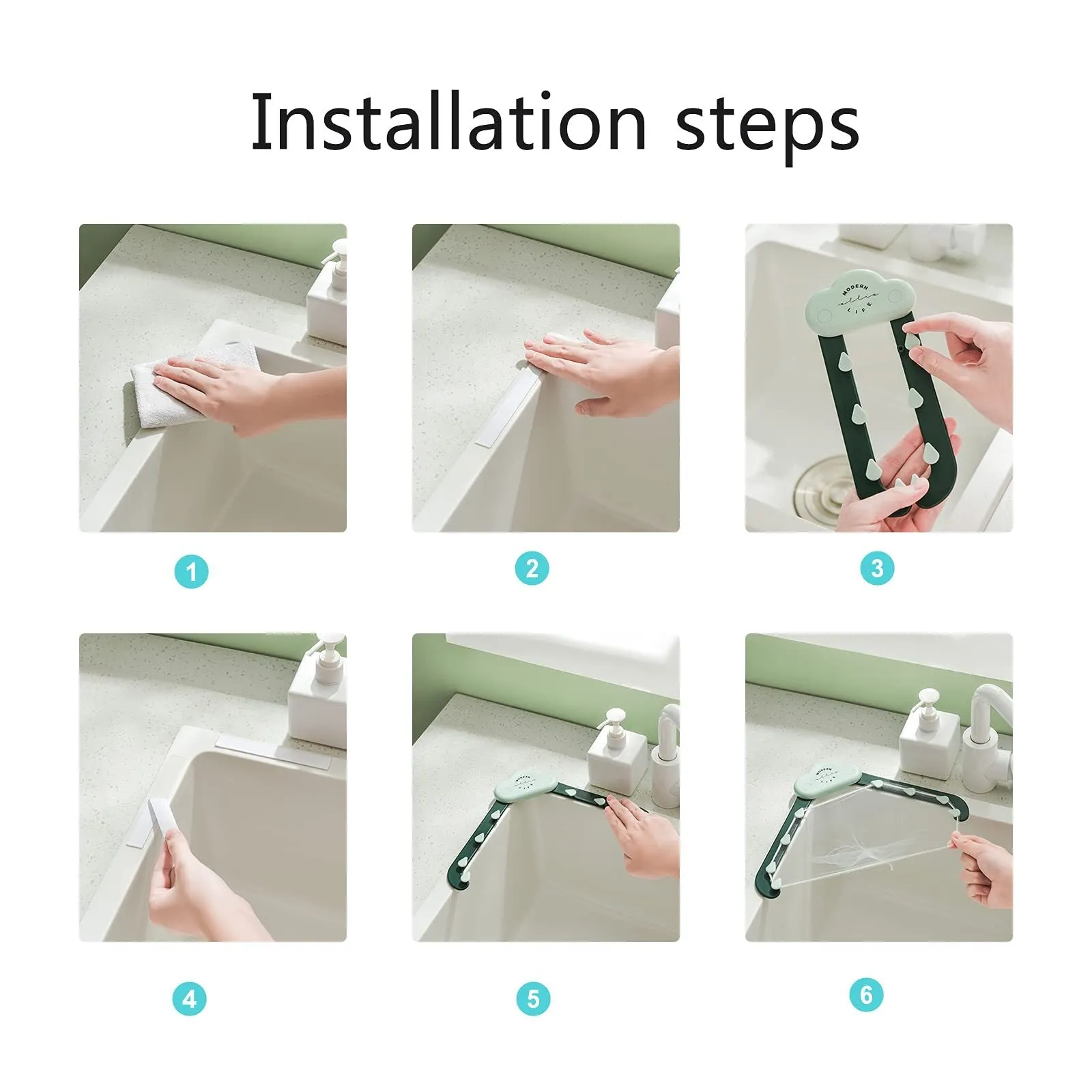 Green triangular ABS plastic sink drain rack with elastic mesh filter net installed in kitchen sink corner.