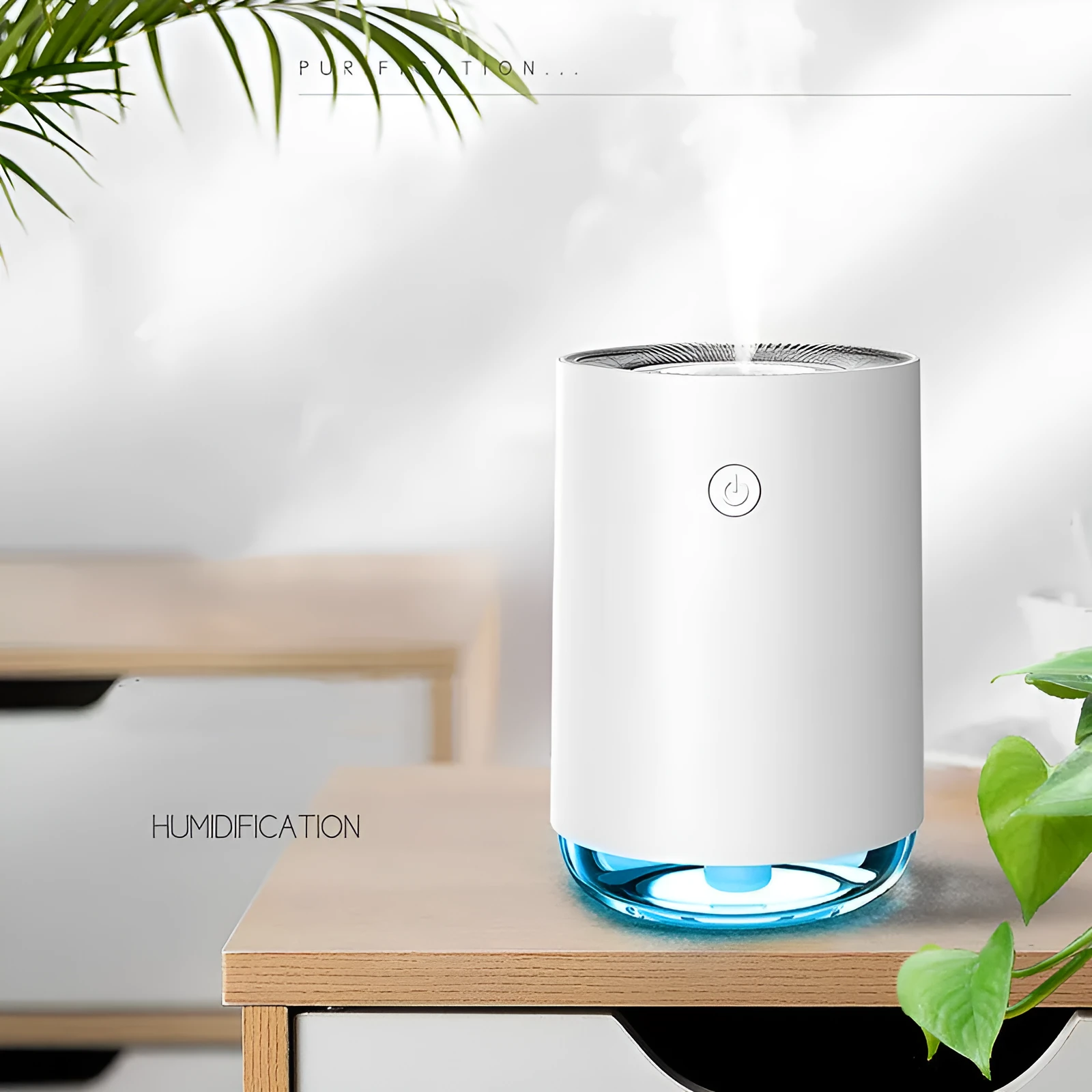 Portable USB humidifier diffuser night light unit in green colour on white surface