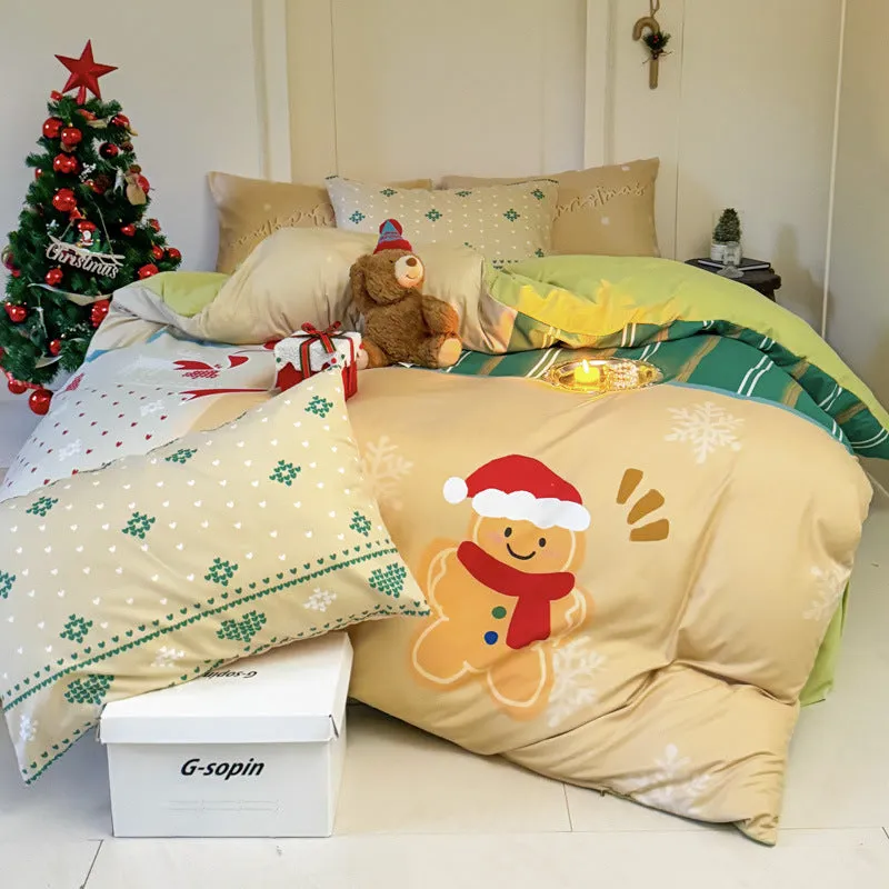 Cartoon printed Christmas bedding four-piece set including sheet, duvet cover and pillowcases.
