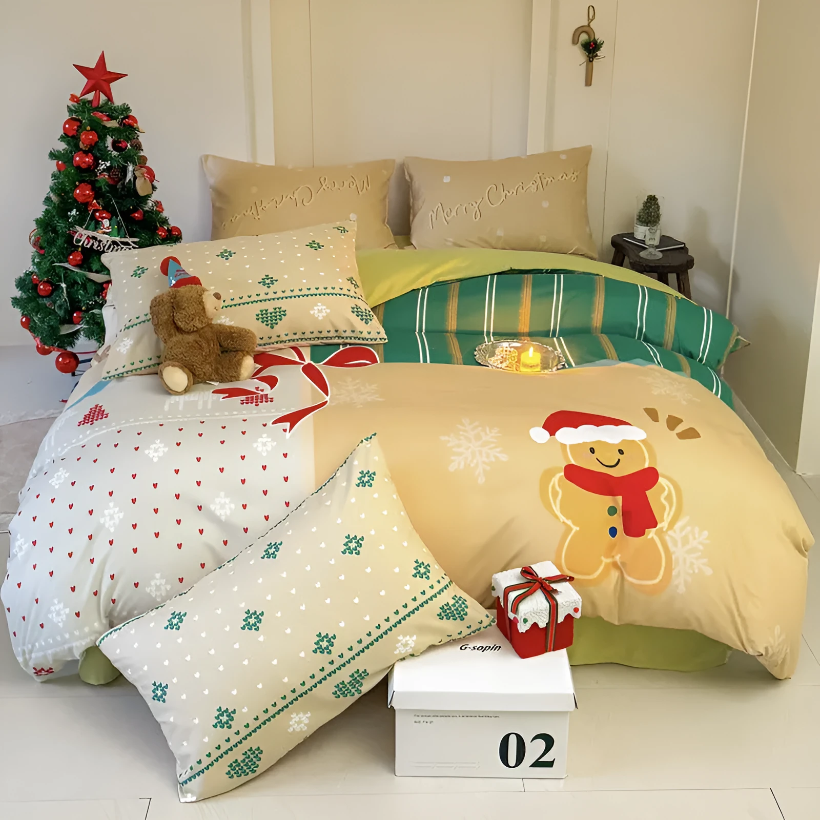 Cartoon printed Christmas bedding four-piece set including sheet, duvet cover and pillowcases.