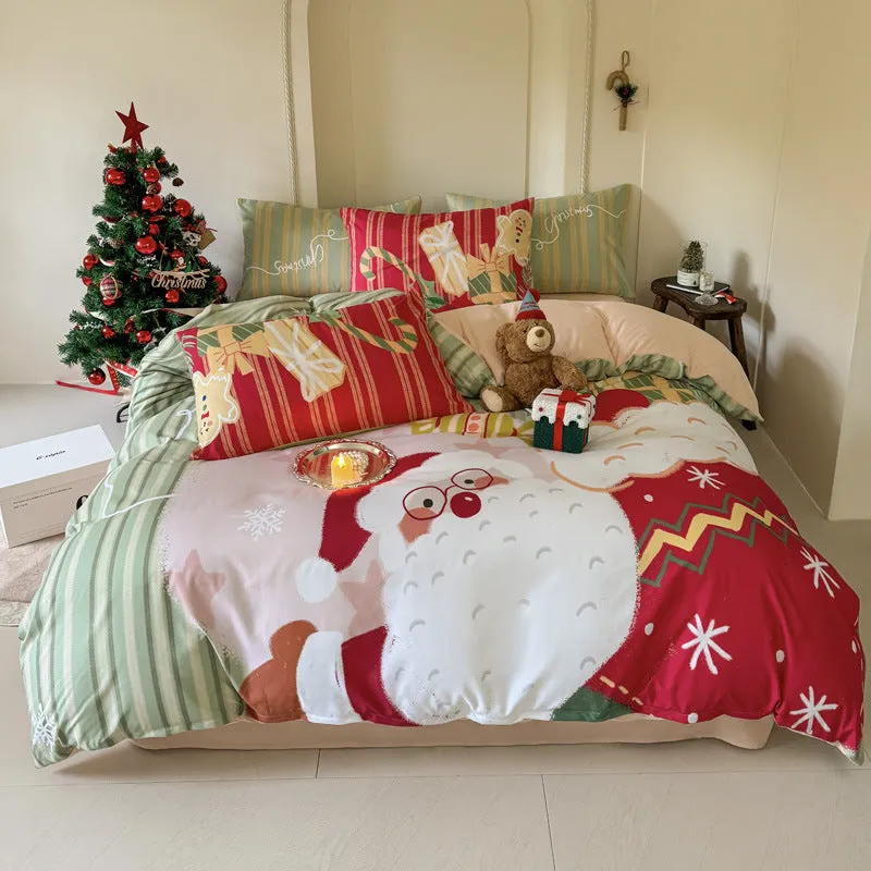 Cartoon printed Christmas bedding four-piece set including sheet, duvet cover and pillowcases.