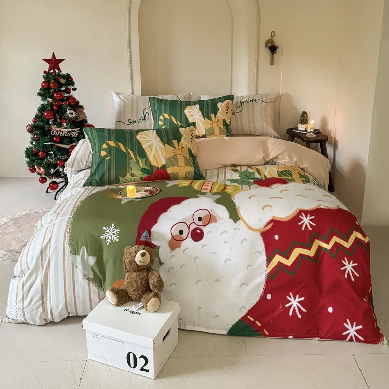 Cartoon printed Christmas bedding four-piece set including sheet, duvet cover and pillowcases.