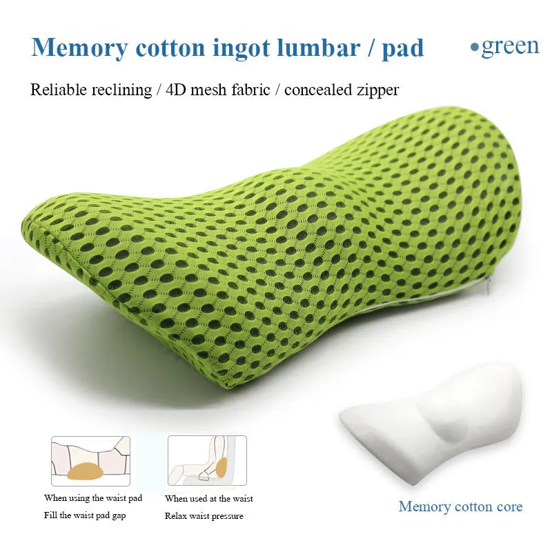 Memory foam lumbar support cushion with a grey 4D mesh cover on an office chair.