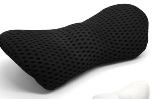 Memory foam lumbar support cushion with a grey 4D mesh cover on an office chair.