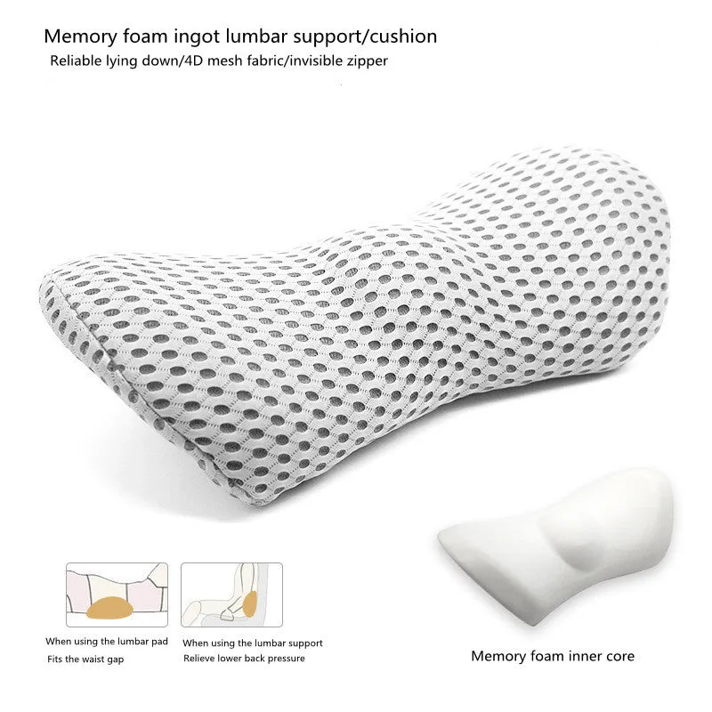 Memory foam lumbar support cushion with a grey 4D mesh cover on an office chair.