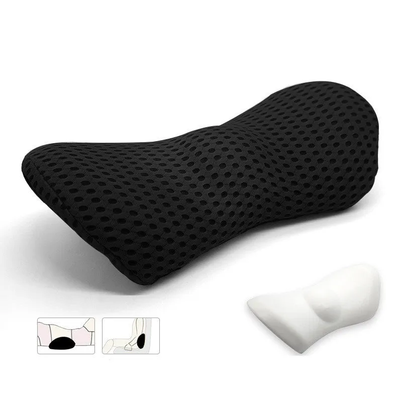 Memory foam lumbar support cushion with a grey 4D mesh cover on an office chair.
