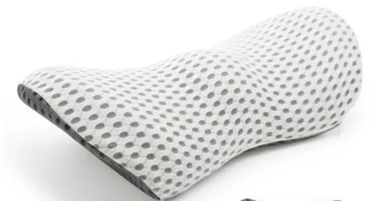 Memory foam lumbar support cushion with a grey 4D mesh cover on an office chair.