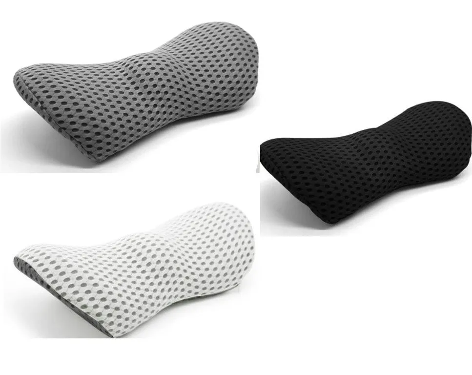 Memory foam lumbar support cushion with a grey 4D mesh cover on an office chair.