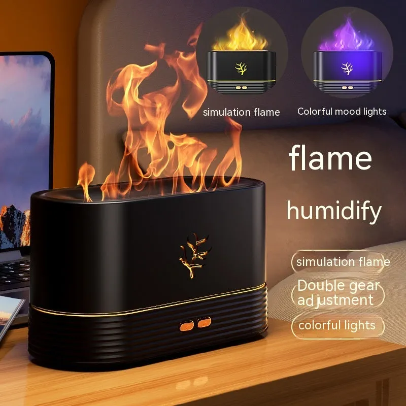 Black or white square USB flame humidifier with LED fire simulation and aroma diffusion functions