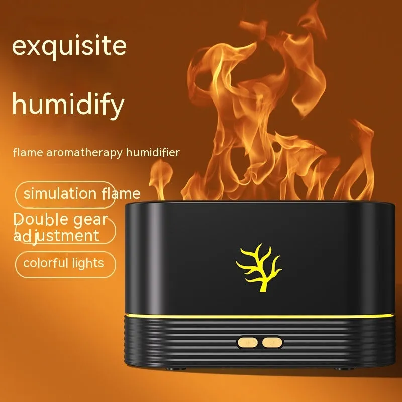 Black or white square USB flame humidifier with LED fire simulation and aroma diffusion functions